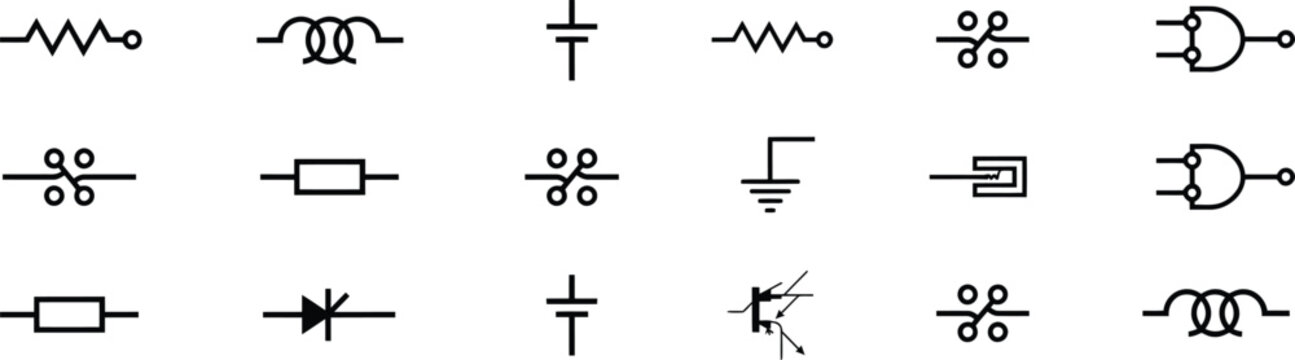 Collection of black and white electronic circuit symbols 