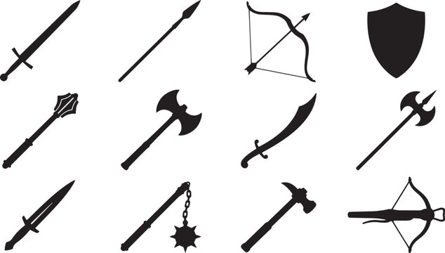 Medieval weapon silhouettes set, 12 ancient combat icons, black fantasy armory collection for gaming and historical design projects isolated on Transparent Background