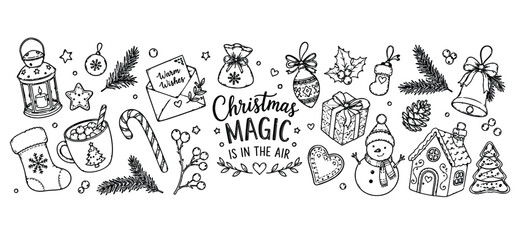 Naklejka premium Christmas magic holiday elements hand drawn sketch horizontal banner design.