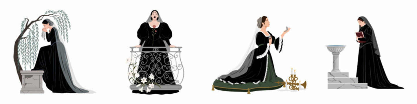 Four illustrations of a grieving woman in a black gothic gown and veil, showing scenes of mourning, singing, praying, and reflection.
