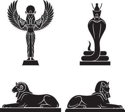 Collection of ancient Egyptian symbols featuring deities, cobra uraeus, ram sphinx and pharaoh sphinx in silhouette style