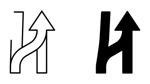 Merging traffic lanes graphic, road symbol with lane merge and continue straight path concept, showing redirection and choice