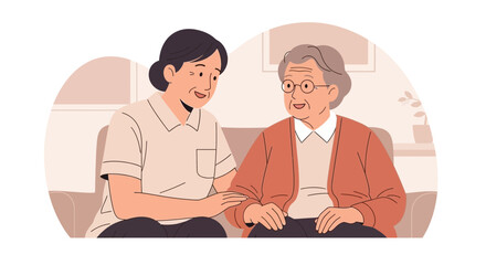 Fototapeta premium Caring caregiver comforting elderly woman, intergenerational connection, home support
