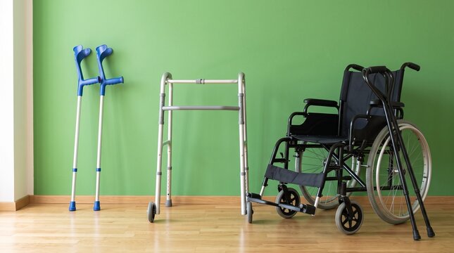 Medical mobility equipment wheelchair walker and crutches indoors