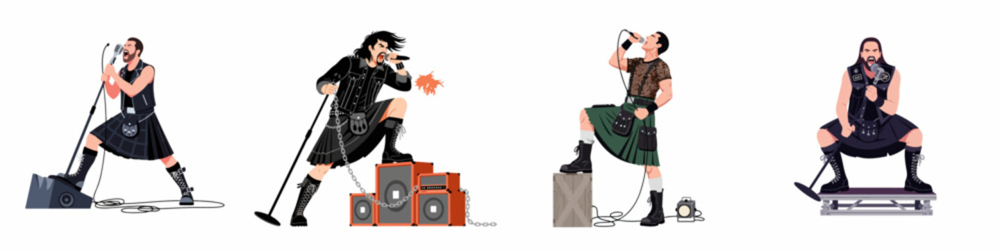 Set of Illustrations Featuring Heavy Metal Singers in Scottish Kilts Performing with Microphones on a White Background