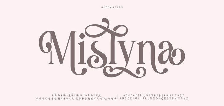Mislyna Luxury wedding alphabet letters font with tails. Typography elegant classic serif fonts and number decorative vintage retro concept for logo branding. vector illustration