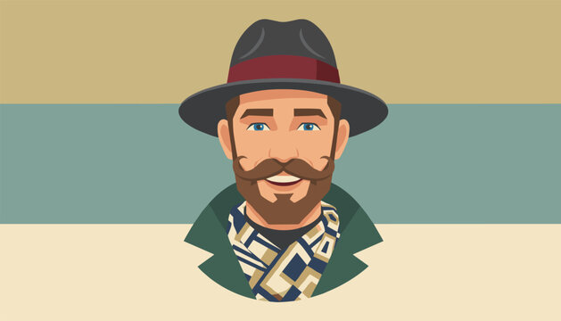 Portrait of a stylish man with a beard and mustache wearing a wide-brimmed hat and a patterned scarf in a warm and classic illustration.
