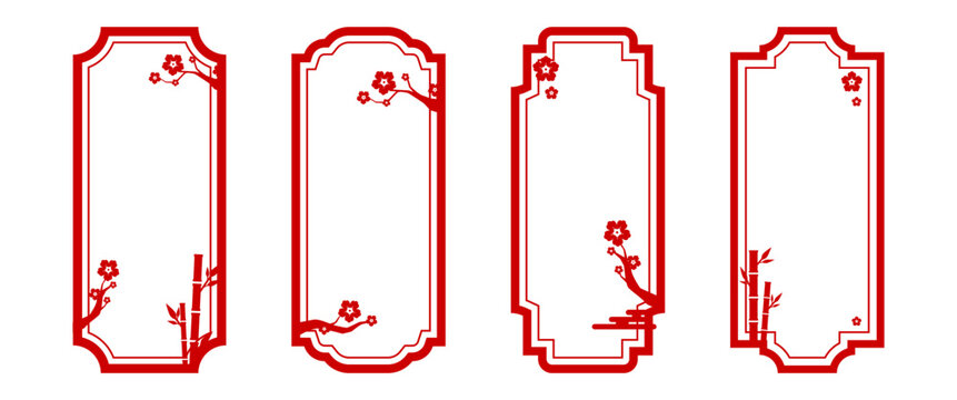 Oriental Decorative Frame Illustration Collection with Chinese Floral Window Borders and Bamboo Elements for Elegant Design