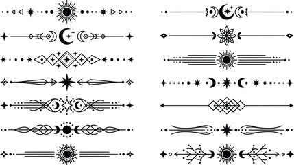Mystical celestial dividers set, 14 black geometric line art borders with moon and sun symbols, esoteric decorative page break vector elements © Angel