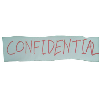 Red confidential handwritten text on a piece of paper isolated on transparent background
