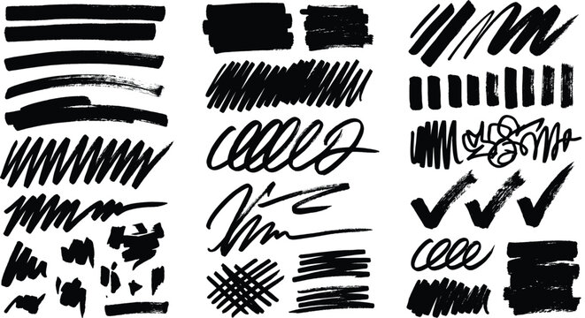Grunge black marker brush strokes and ink scribbles set, hand drawn felt tip pen textures, artistic charcoal pencil hatches and check marks EPS