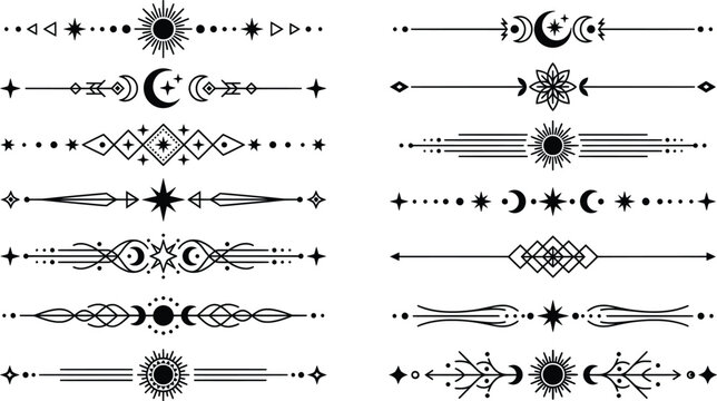 Mystical celestial dividers set, 14 black geometric line art borders with moon and sun symbols, esoteric decorative page break vector elements