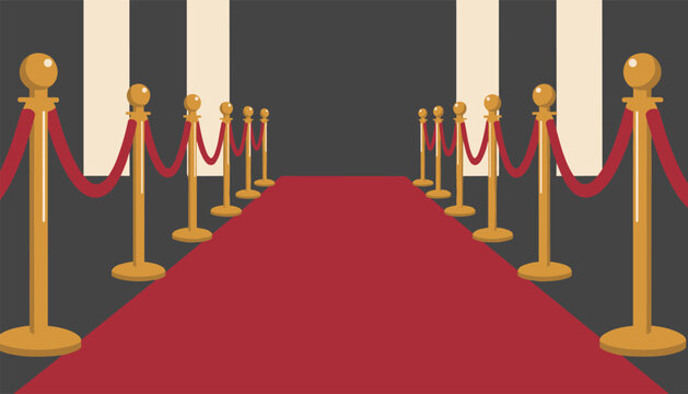 Empty red carpet walkway leading towards an entrance with golden stanchions and velvet ropes for a cinematic event or award show.