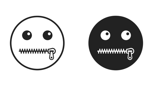 Silent Smiles: Two emoji faces, one outlined and one solid, with zippers across their mouths, symbolizing silence, secrecy, or the inability to speak.