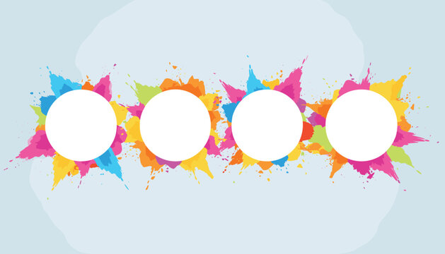 Colorful paint splatters in rainbow colors creating vibrant decorative frames with blank white circles on a light background.