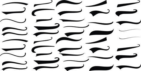 Vintage swoosh tail collection, 33 black decorative underline strokes, retro calligraphy swash elements for sports logos and typography, vector EPS set © Angel