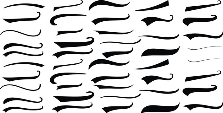 Vintage swoosh tail collection, 33 black decorative underline strokes, retro calligraphy swash elements for sports logos and typography, vector EPS set
