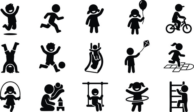 Active children playing icons set, black silhouette kids outdoor activities, 15 playground and sports vector elements for education and parenting