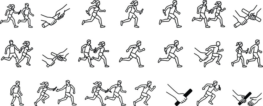Relay race line icons set, athletic runners passing baton vector illustrations, track and field competition silhouettes for sports infographics