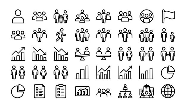 Population Outline Icon Set Collection &ndash; Citizen, Demographics, Population Growth and Statistics Editable Stroke Vector Icons