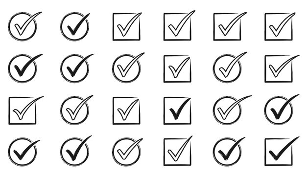 Set of check marks in circles and squares displaying various styles of hand drawn signs for tasks, lists and marking completion.
