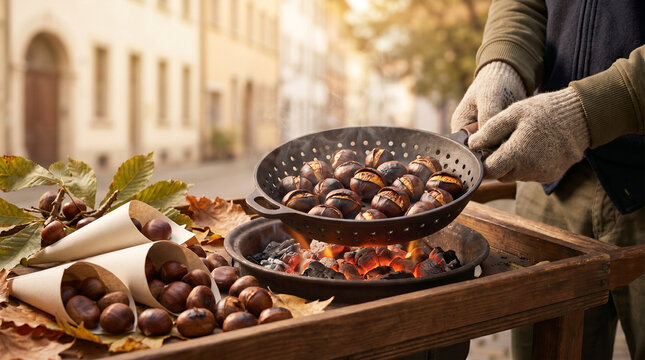 Street vendor roasting chestnuts over open fire in autumn setting  