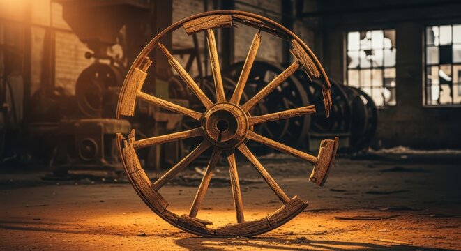 A Broken Wooden Wagon Wheel, Weathered and Rustic, Resting on the Ground