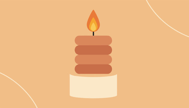 Lit candle with a warm flame resting on a circular base against a soft beige background with minimal graphic lines.