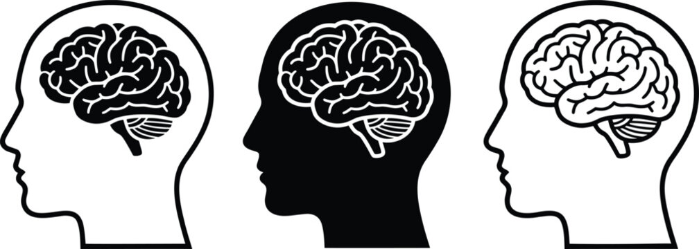 Human brain icon set in profile head silhouettes, black and white anatomical mind symbols, 3 vector EPS graphics for mental health and neurology