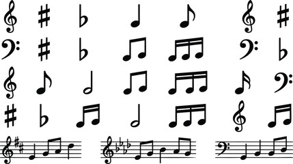Musical notes and symbols collection, black music notation icons on white background, 25 vector elements for sheet music design and education © Angel