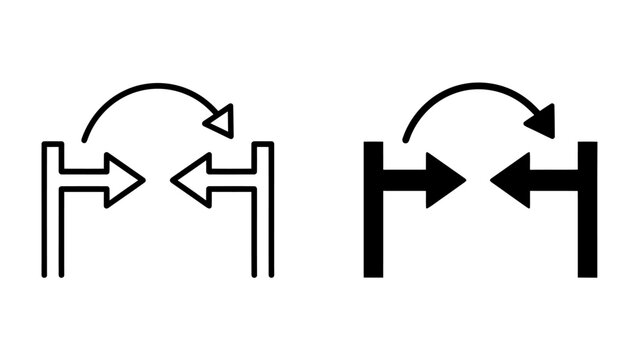 Directional Arrows with Curves: Two sets of simple graphic icons display opposing arrows moving towards each other, one with a curved arrow indicating a circular motion or connection.