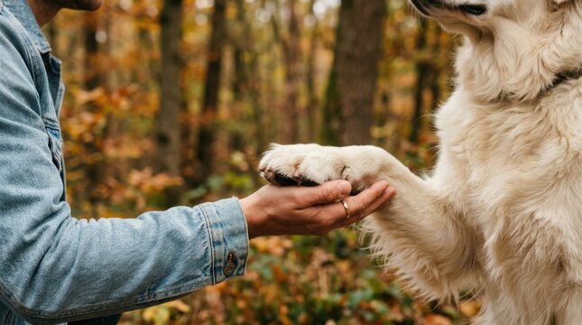 Close-up of a golden retriever dog giving its paw to its owner in an autumn forest, highlighting the loyal bond and friendship between man and pet during a fall walk.