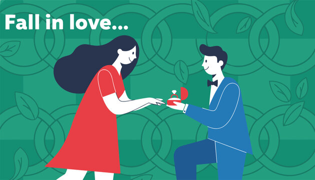 Romantic illustration of a man kneeling while proposing to a woman with an engagement ring against a patterned background.