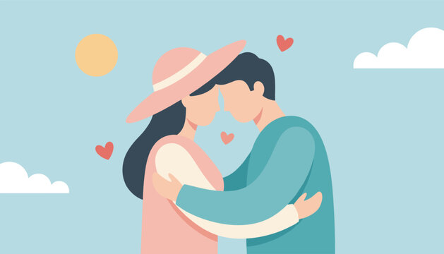 Young loving couple sharing a tender embrace under the sun with floating hearts representing love, connection, and affection.
