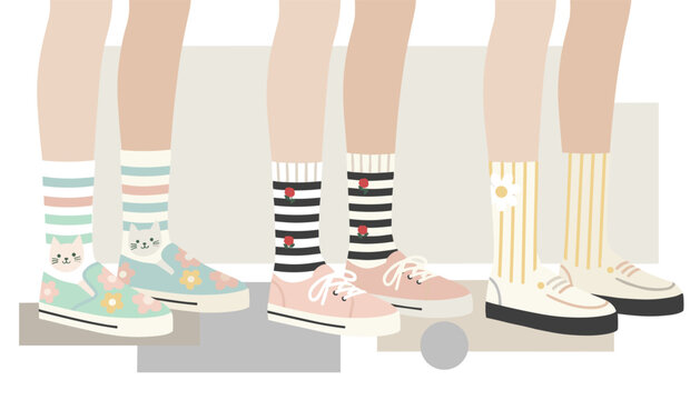 Three sets of legs wearing different patterned socks and casual shoes in a fun and trendy flat illustration style.