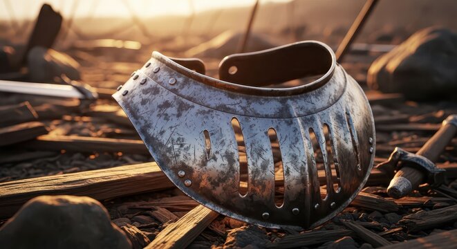 A Dented Steel Knight's Gorget Resting on Wooden Debris in the Sunlight