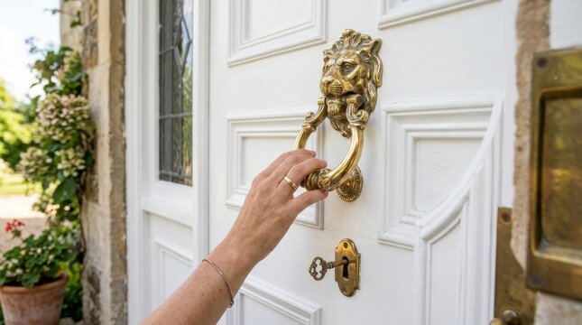 Elegant hand reaching out to grasp a vintage golden brass lion head door knocker on a classic white wooden front door of a luxurious manor house, symbolizing a warm welcome or arriving at a home