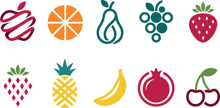 Fresh Fruit Icon Set Featuring Apple Orange Pear Grape Strawberry Pineapple Banana Pomegranate and Cherry Logos for Organic Juice and Grocery Branding Vector Illustration
