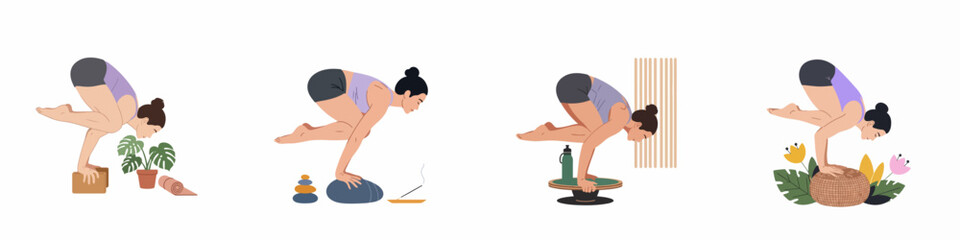 Fototapeta premium Set of Vector Illustrations of a Woman Practicing Yoga Crow Pose with Various Props and Zen Elements, Promoting Mindfulness and Physical Fitness.