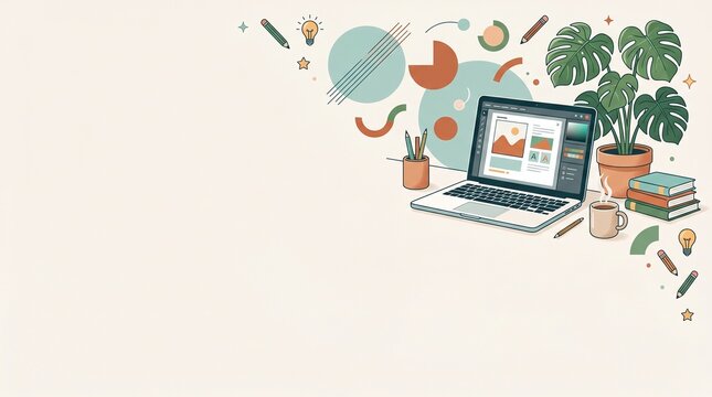 Creative Remote Workspace Illustration with Laptop, Indoor Plants, Coffee Cup, and Modern Home Office Elements on Minimal Background for Productivity and Digital Business