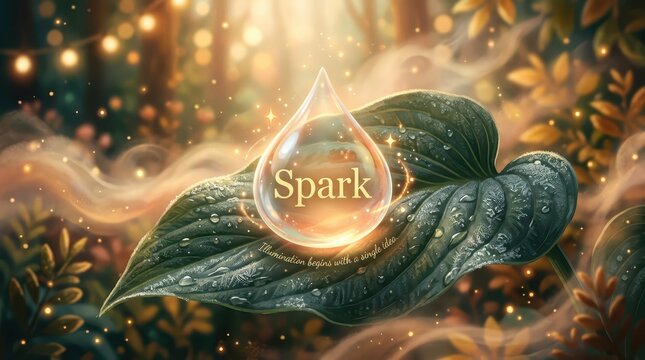 A luminous drop with the word Spark suspended above a lush green leaf with glowing bokeh lights