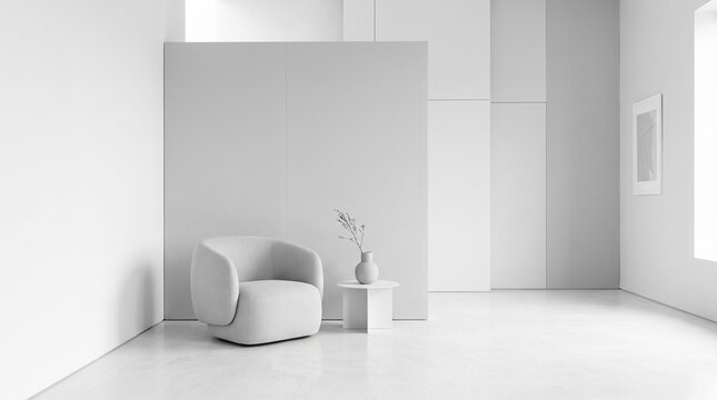 modern interior design Minimalist White Living Room Interior with Modern Armchair, Blank Display Wall, Side Table, Elegant Home Luxury Mockup Space for Product Presentation
