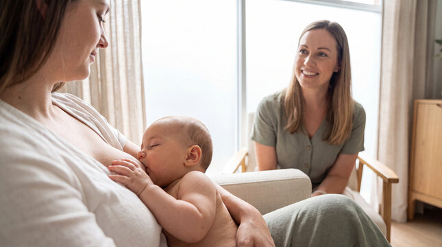 Mother breastfeeding newborn baby on armchair while female lactation consultant observes during postpartum home visit maternal support