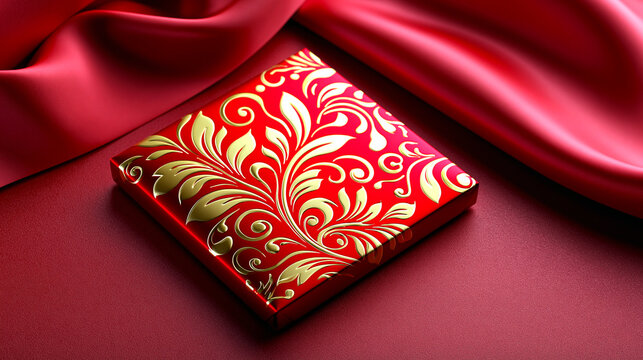 Square red gift box with ornate gold floral pattern resting on a dark red surface with flowing red silk fabric.