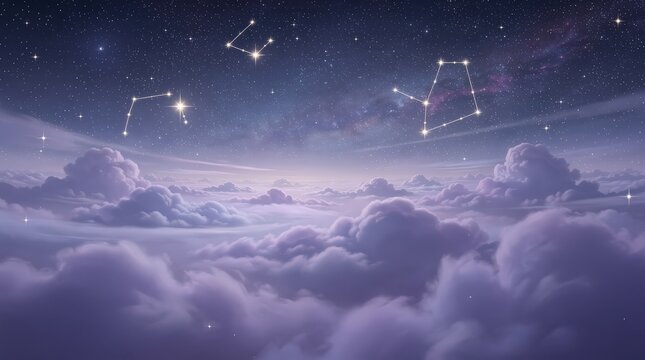 A dreamy night sky filled with clouds and glowing constellations connected by lines, creating a magical celestial scene.