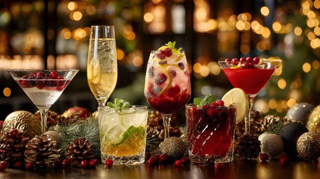 Collection of colorful Christmas cocktails arranged on elegant holiday table, champagne, martini, mulled wine, mojito, cranberries, pine cones, ornaments, fairy lights.