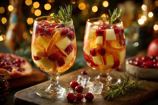Festive Christmas sangria with fresh oranges, cranberries, apples, rosemary, ice cubes, elegant wine glass, rustic holiday table, fairy lights, ultra photorealistic.