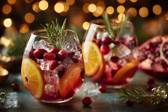 Festive Christmas sangria with fresh oranges, cranberries, apples, rosemary, ice cubes, elegant wine glass, rustic holiday table, fairy lights, ultra photorealistic.