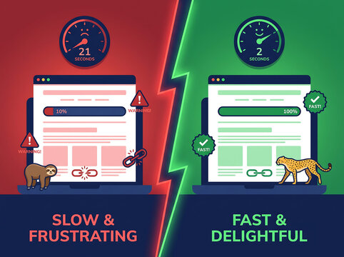 Slow vs Fast Website Performance Comparison - Loading Speed Optimization Illustration