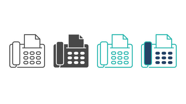 Stylized fax machine icons with handset, keypad, paper sheet, outlined, solid, teal, and dark blue design variations.